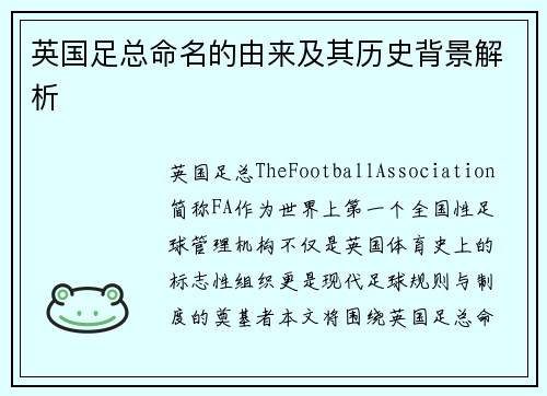 英国足总命名的由来及其历史背景解析 英国足总命名的由来及其历史背景解析