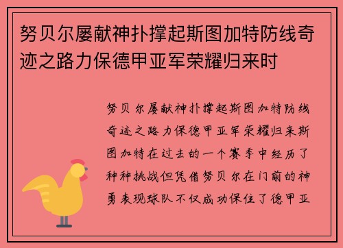努贝尔屡献神扑撑起斯图加特防线奇迹之路力保德甲亚军荣耀归来时 努贝尔屡献神扑撑起斯图加特防线奇迹之路力保德甲亚军荣耀归来时
