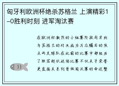 匈牙利欧洲杯绝杀苏格兰 上演精彩1-0胜利时刻 进军淘汰赛